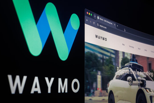 Porto, Portugal - July 23th, 2026: Waymo logo and Waymo autonomous driving website on computer monitor