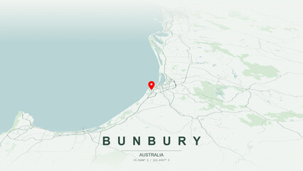Modern minimalist vector map of Bunbury, Western Australia. High-quality scalable illustration of Bunbury geographic boundaries along Koombana Bay for posters design. © AliRza