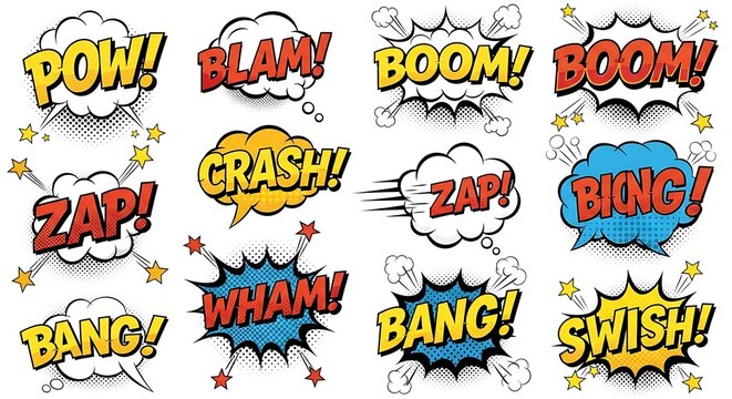 Colorful comic book style sound effect words on white background.