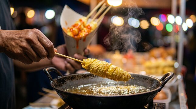Street Vendor Frying Telur Gulung Egg Roll Skewer at Night Market