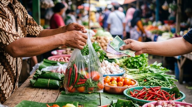 Traditional Market Transaction Buying Vegetables with Rupiah Cash
