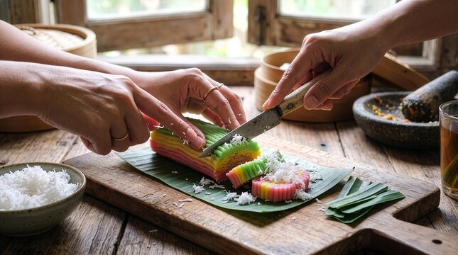 Hands Cutting Rainbow Getuk Lindri Cassava Cake on Wooden Board