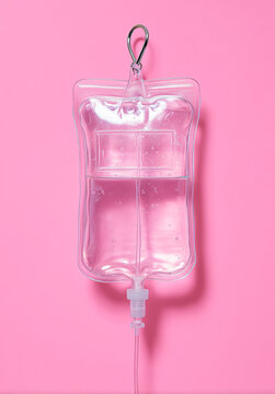 A professional studio shot of a transparent medical IV drip saline bag filled with clear liquid solution hanging on a metal clip hook against a minimal vibrant solid pink background