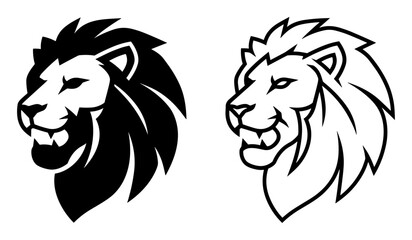 Black and white vector illustrations of roaring lion heads with detailed manes on transparent background © Yehor