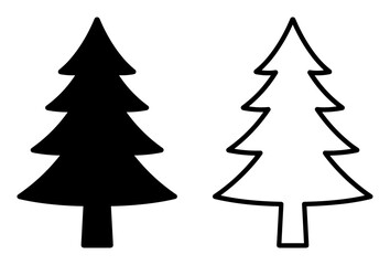 Obraz premium Black and white outline silhouette of two pine trees with a simple design on transparent background