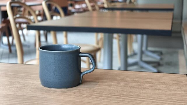 Hand holds mug on wooden table. Background shows cafe tables and chairs. Person's hand grips mug with calm posture. Scene evokes quiet, cozy cafe moment. Ideal for coffee, lifestyle