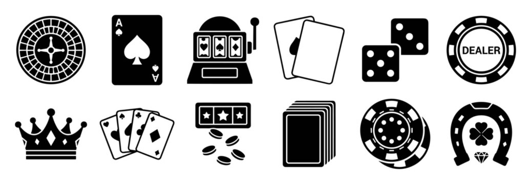 Set of black and white gambling icons including roulette wheel, playing cards, slot machine, dice, poker chips, crown, dealer chip, and horseshoe with clover on transparent background