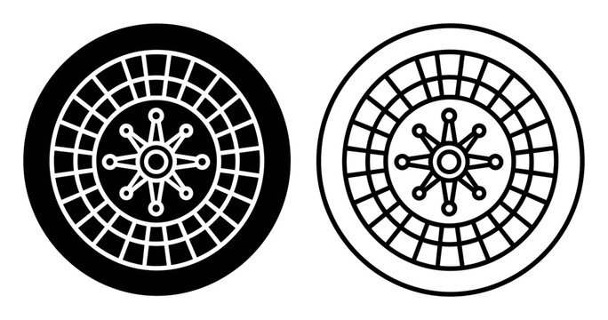 Black and white roulette wheel icons for casino and gambling designs on transparent background