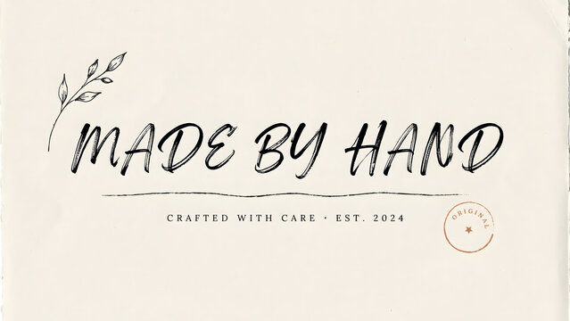 Made by hand text with a decorative leaf and original stamp isolated on a transparent background