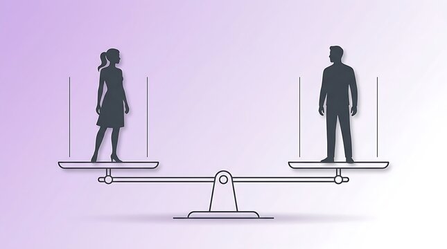 Silhouettes of a man and a woman standing on a balanced weight scale representing gender equality and social justice on a minimalist background for corporate banner.