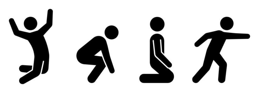 Various human pictogram silhouettes in different poses including jumping, crouching, kneeling, and pointing on transparent background