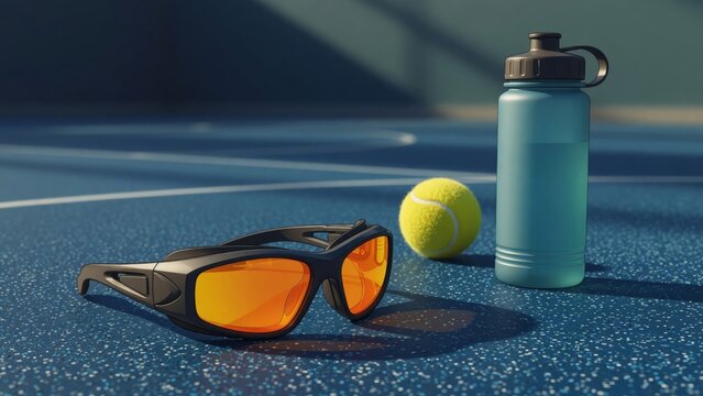 Tennis sports equipment including sunglasses, ball, and water bottle on a blue court enjoying healthy lifestyle