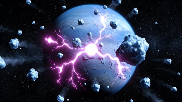 Exploding planet with glowing electric cracks and flying asteroid debris