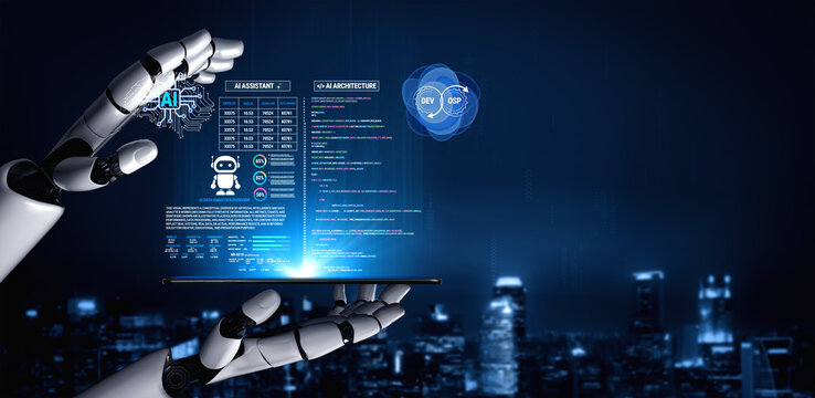 Futuristic Concept of Artificial Intelligence with Robotic Hand Displaying Data and Charts Over Cityscape at Night Fluxor.