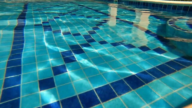 Tranquil view of a blue and turquoise tiled swimming pool with gently rippling water on a sunny day