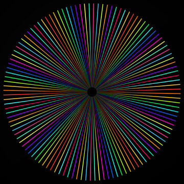 Abstract circular multicolored sunburst pattern with radial lines on black background