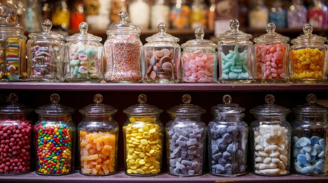 Colorful candies fill transparent jars on a shelf, showcasing a variety of sweets. Shelves are laden with sweet treats
