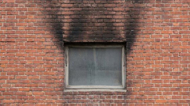 Scorched red brick wall with heavy black smoke stains and soot above a window after a fire