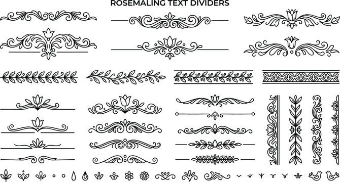 Rosemaling Floral Text Divider Set with Scandinavian Folk Art Border, Swirl, and Decorative Ornament Elements