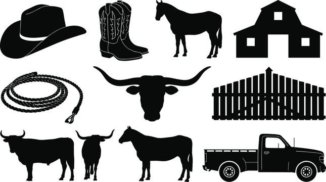 Cowboy Western Silhouette Icons With Horse Barn Truck