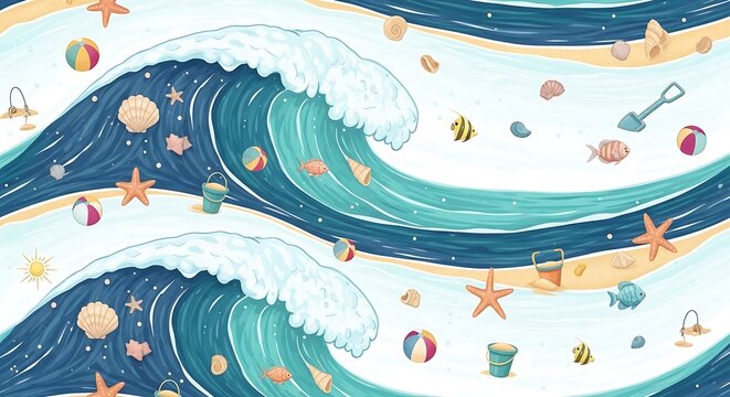 Colorful abstract background with ocean wave and sea creatures.