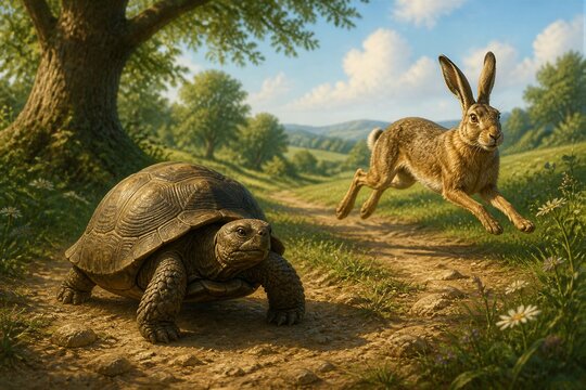 Tortoise walking while hare leaps along country dirt path