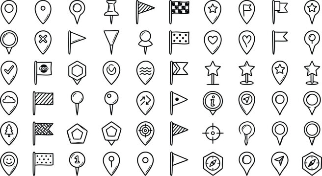 Hand drawn map pins and flags set