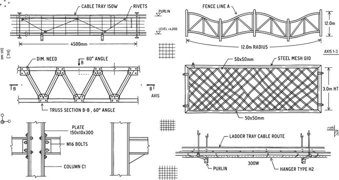 Steel Truss Structural Engineering Blueprint Set with Cable Tray, Column Section, and Technical Drawing Illustrations