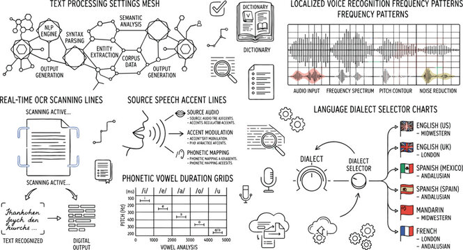 Speech Recognition Language Processing Icon Set with OCR Scanning, Voice Frequency Pattern, and Dialect Selector Chart