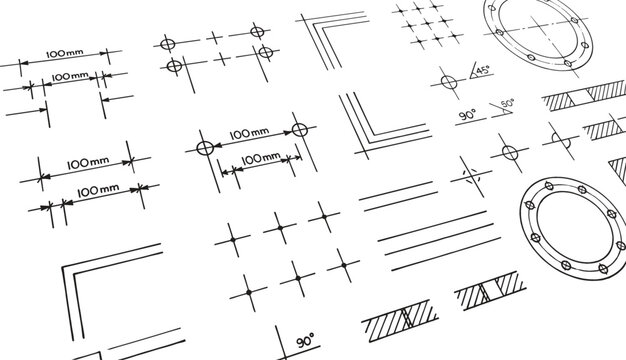 Technical Blueprint Drafting Icon Set with Dimension Lines, Corner Angle Brackets, Crosshair Marks, and Bolt Flange Symbols