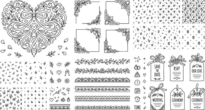 Valentine and Wedding Ornament Set with Decorative Heart Mandala, Seamless Patterns, Borders, and Love Themed Gift Tags