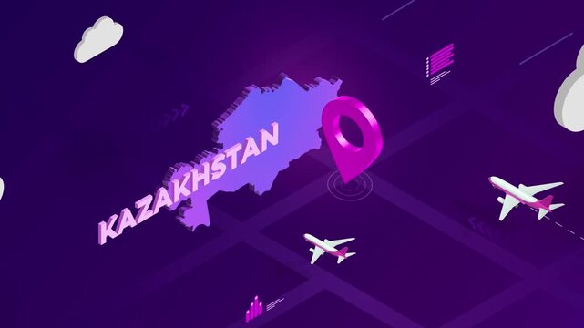 Isometric Design, Kazakhstan Map Silhouette Location Pin and Airplanes on Purple Animation, Travel Background