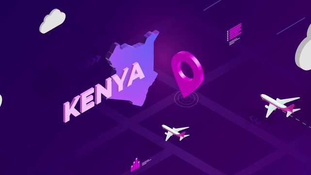 Isometric Design, Kenya Map Silhouette Location Pin and Airplanes on Purple Animation, Travel Background
