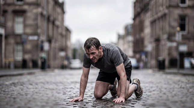 Exhausted Athlete Kneeling on Wet Street in Rain