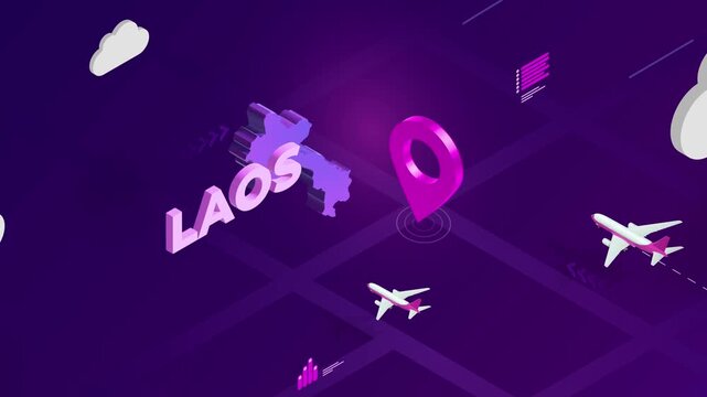 Isometric Design, Laos Map Silhouette Location Pin and Airplanes on Purple Animation, Travel Background