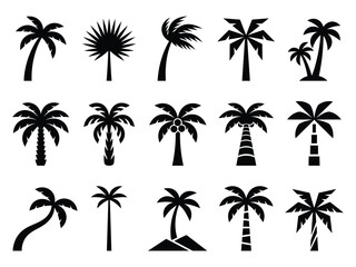 Fototapeta premium Set of black palm tree silhouettes isolated on a white background for tropical summer beach design projects