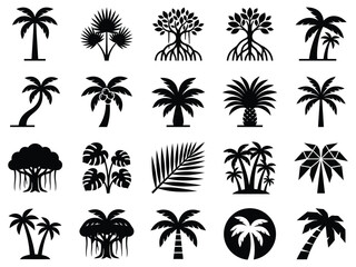 Fototapeta premium Set of black silhouette icons featuring various tropical palm trees and exotic foliage plants for graphic design projects