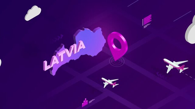 Isometric Design, Latvia Map Silhouette Location Pin and Airplanes on Purple Animation, Travel Background