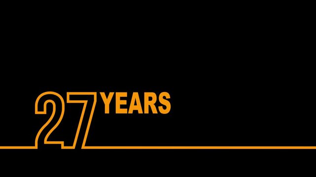 27 years anniversary or birthday isolated on black background. Linear outline graphics. 27 year celebration and congratulation design element. Can be used for printing materials, covers, reports.