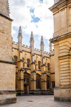 Picturesque exterior courtyard of the historic Bodleian Library and Schools Quadrangle at the University of Oxford, Oxford, England, UK