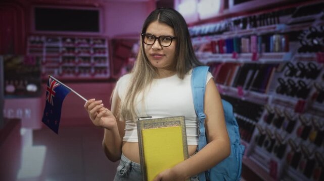 Young woman holds new zealand flag and books inside a busy retail building aisle; excited study abroad.