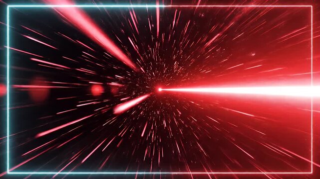 Red neon rectangle frames a dynamic, abstract tunnel of light streaks.