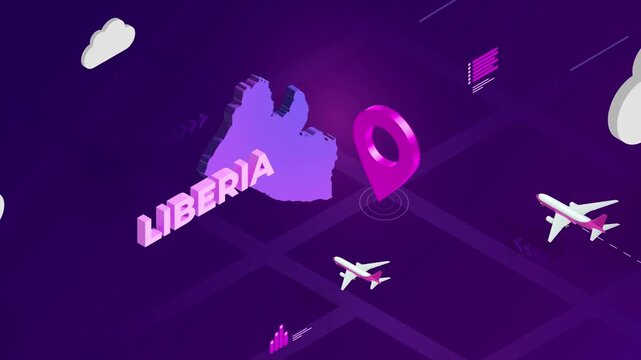 Isometric Design, Liberia Map Silhouette Location Pin and Airplanes on Purple Animation, Travel Background