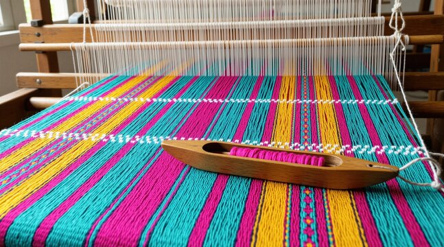 Traditional wooden handloom machine produces colorful fabric with vibrant textile threads. Artisan tool shuttle rests on patterned cloth during manual creation process. Close up view shows expert