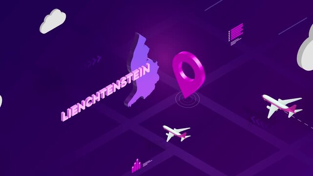 Isometric Design, Liencntenstein Map Silhouette Location Pin and Airplanes on Purple Animation, Travel Background