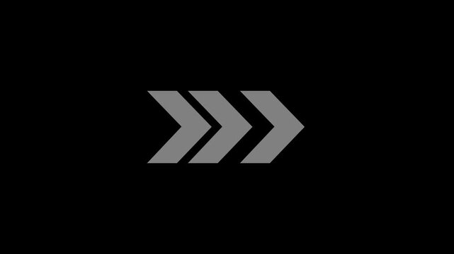 Animated right arrow chevron sequence with smooth looping motion on a transparent background with alpha channel, ideal for UI navigation, motion animate 4k video.