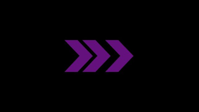 Animated right arrow chevron sequence with smooth looping motion on a transparent background with alpha channel, ideal for UI navigation, motion animate 4k video.