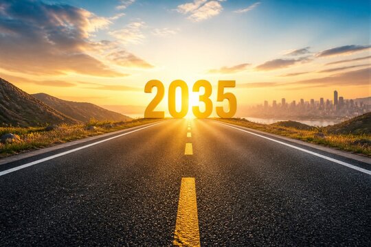 Road leading to 2035 numbers at sunrise over cityscape