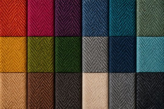 Assorted fabric swatches arranged in textured color grid display