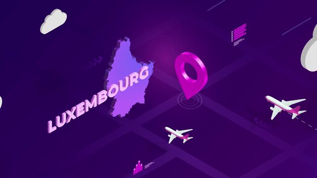 Isometric Design, Luxembourg Map Silhouette Location Pin and Airplanes on Purple Animation, Travel Background
